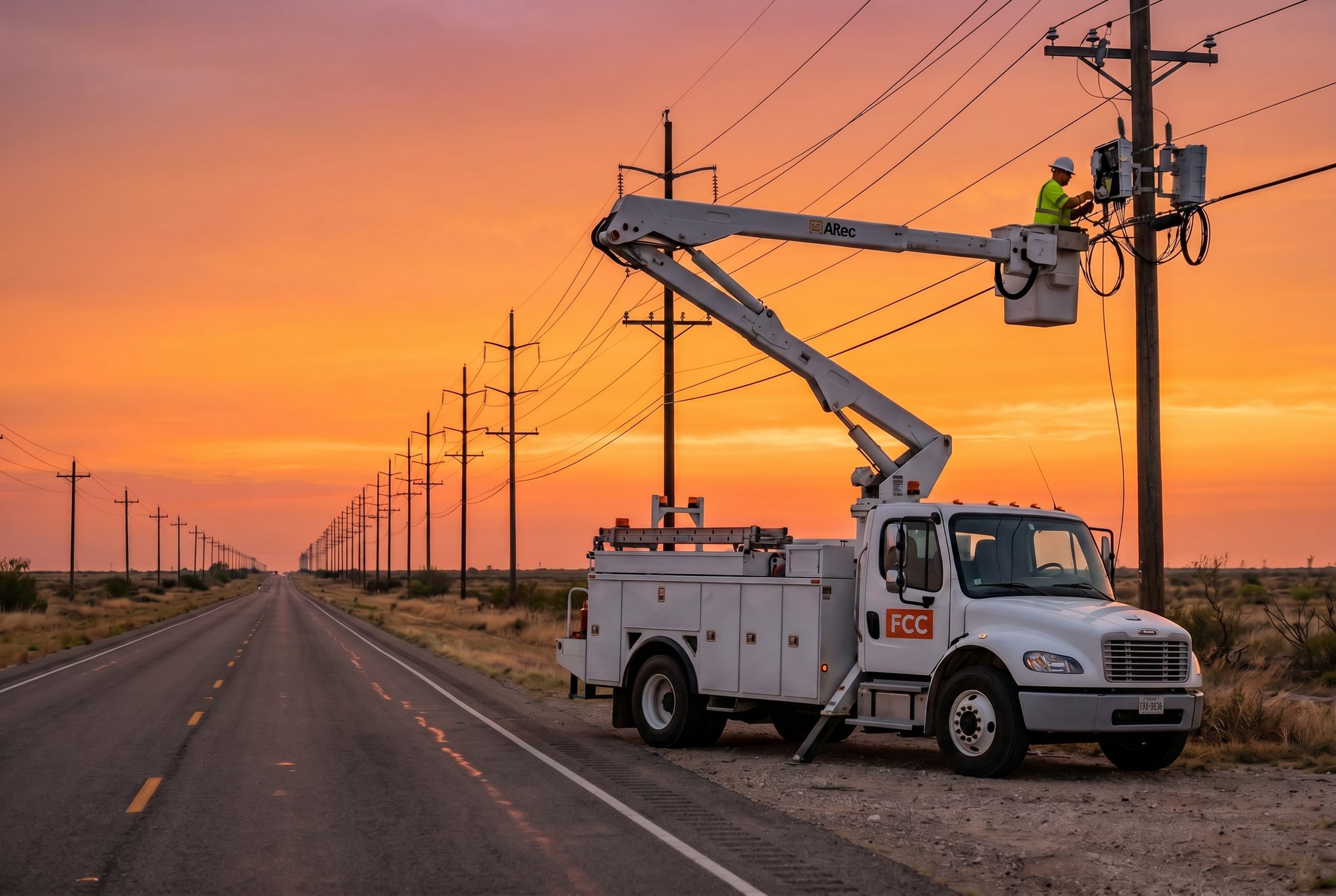 FCC aerial crews running strand placement, lashing, and pole work on a multi-span build.