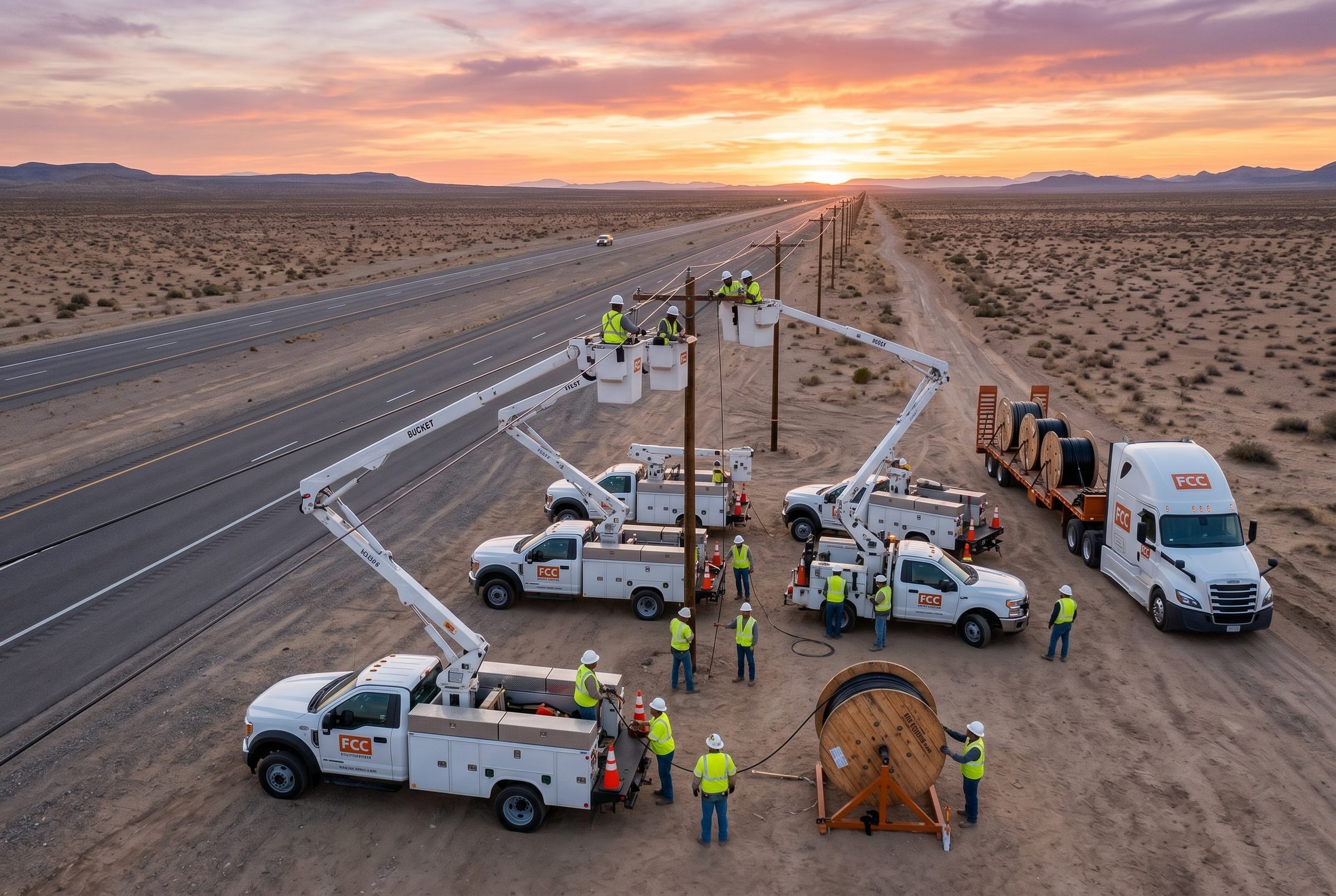 FCC aerial crew running strand placement on a multi-span build