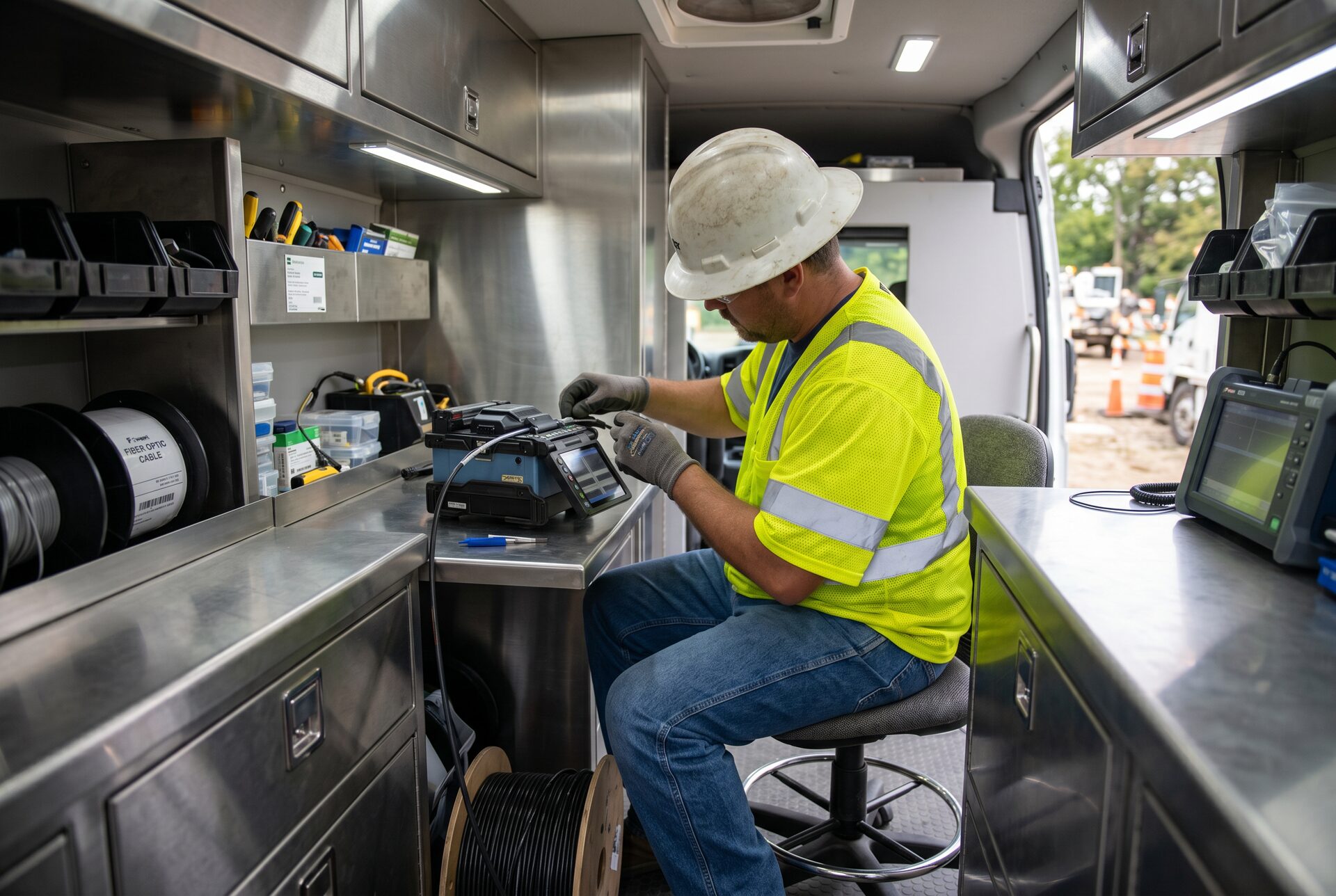 OTDR-certified fusion splicing under FCC's splice-trailer infrastructure for high-count enclosures.